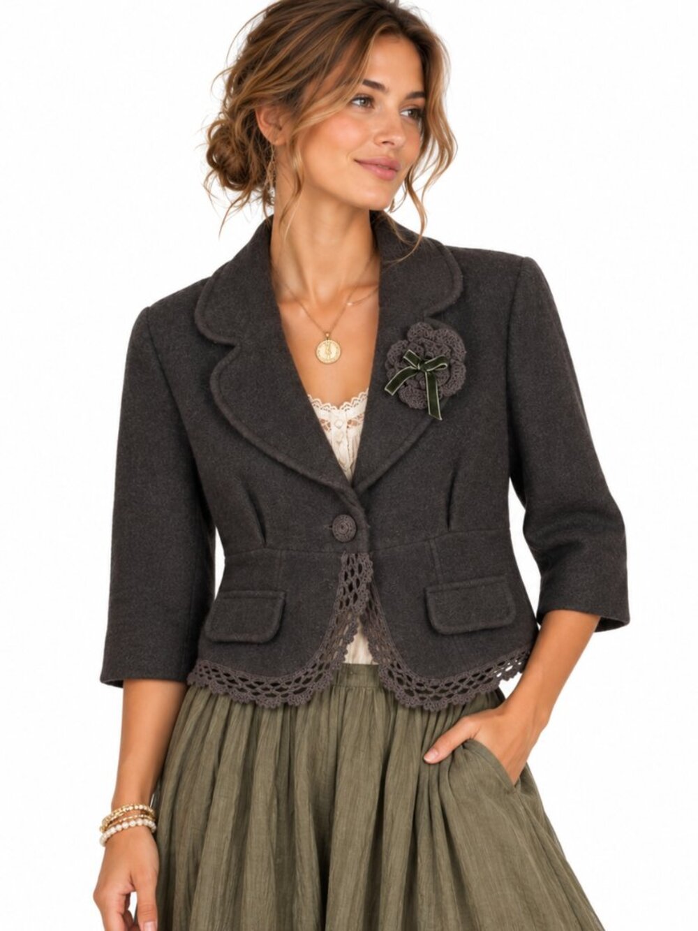 Michael Simon Wool Crochet Trim Jacket M Brown Velvet Flower Cottagecore Artsy